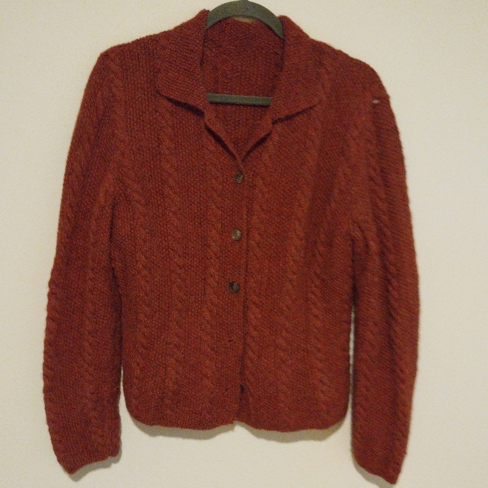 Artisan Made Burnt Orange Wool Blend Cable Knit  Button Cardigan